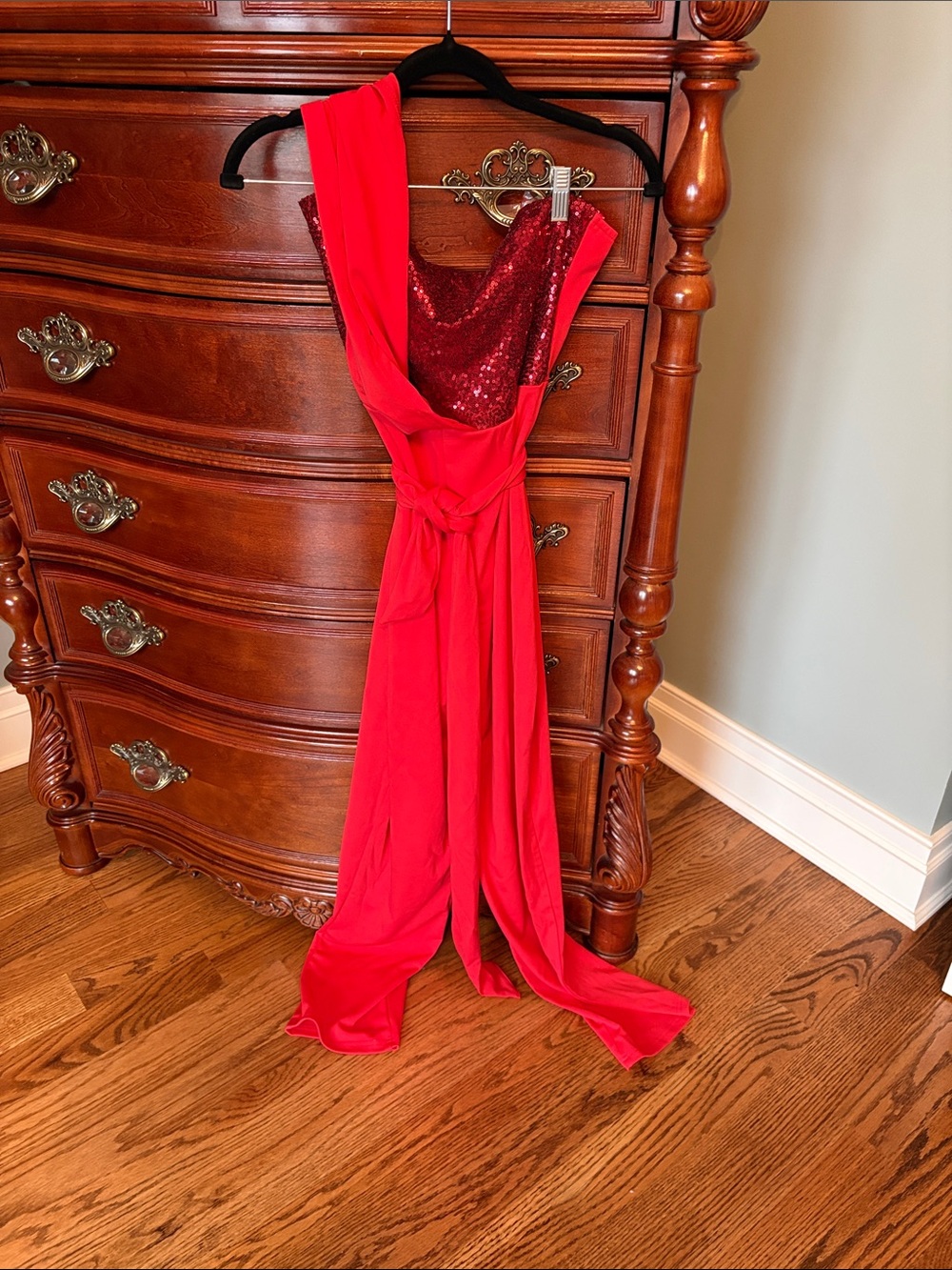 Red Sequin & Chiffon-like Evening Jumpsuit